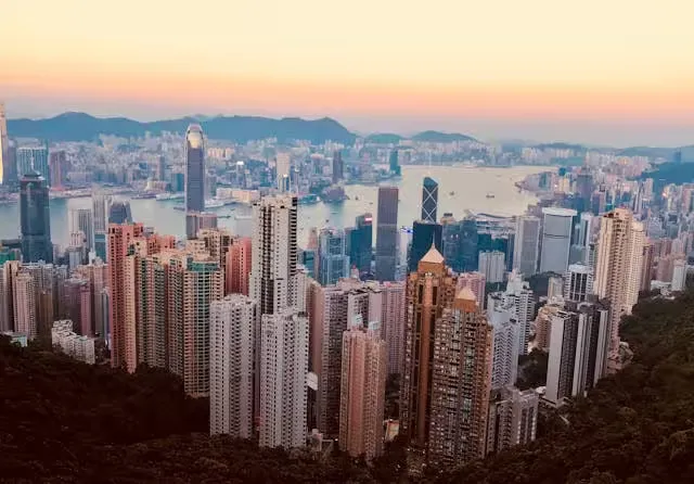 Breathtaking Kowloon skyline with skyscrapers and harbor at sunset, showcasing Hong Kong's urban beauty.